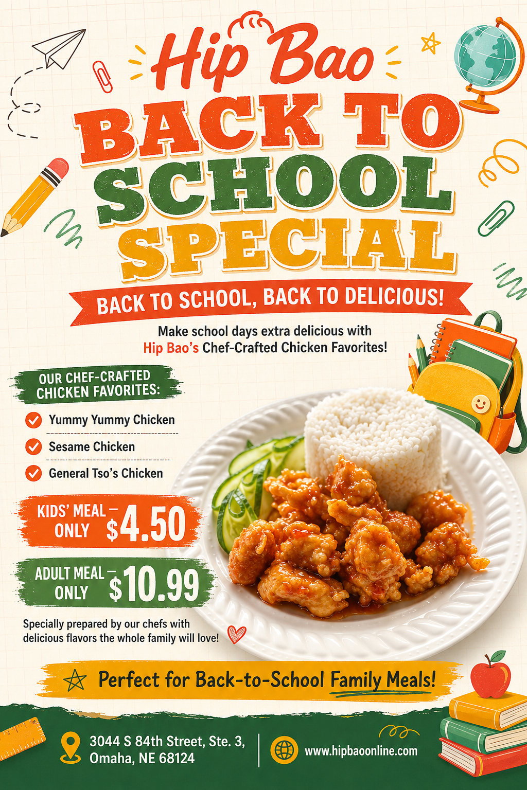 Hip Bao back-to-school special featuring chicken meals: kids’ meal $4.50 and adult meal $10.99.